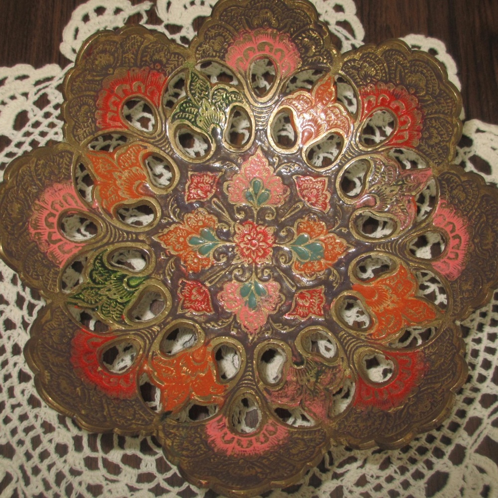 Vintage Brass and Enamel Pedestal Dish INDIA